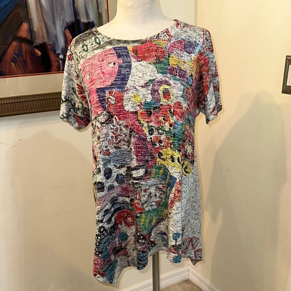 Inoah Colorful Abstract Print Asymmetrical Hem Women's Top Size Medium